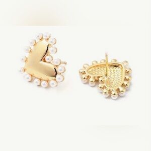 Gold Heart Pearl Stud Earrings